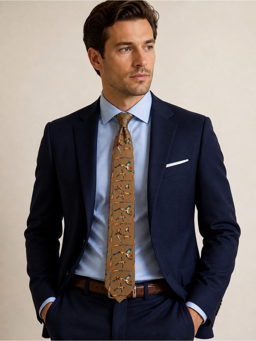 Pheasant Hunting Tie Brown‎ Novelty Rifle Bird Necktie Mens